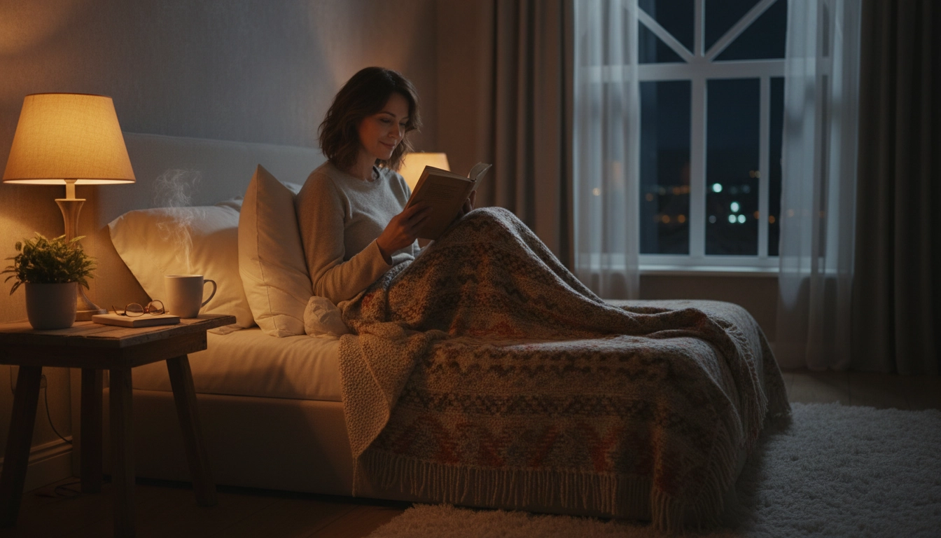 Femme installée dans son lit avec une lampe de chevet chaude cultivant une habitude lecture soir apaisante avant de dormir