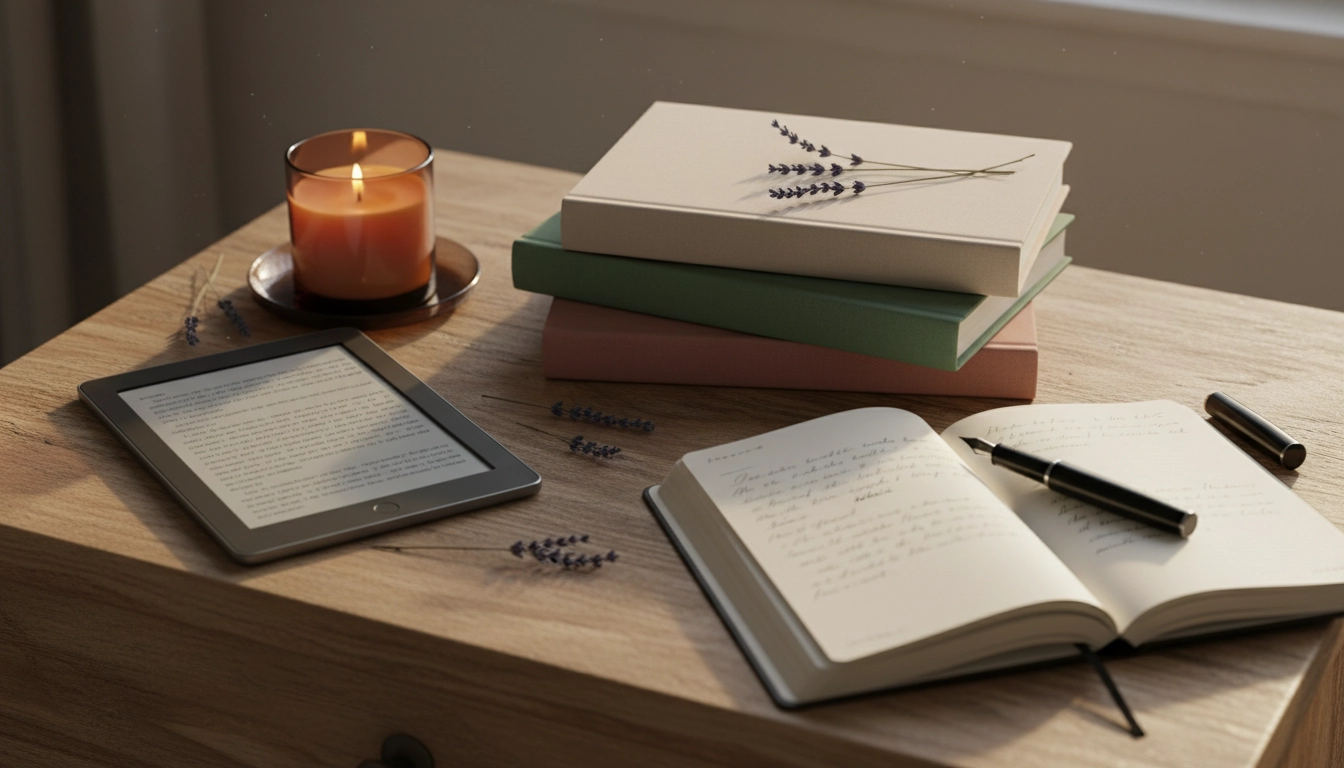 Accessoires de lecture du soir sur une table de nuit : livres, liseuse, carnet et bougie pour un rituel de bien-être nocturne
