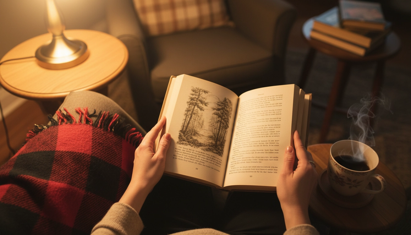 Vue du dessus de mains tenant un livre ouvert dans une lumière dorée, illustrant l'habitude lecture soir pour un endormissement naturel