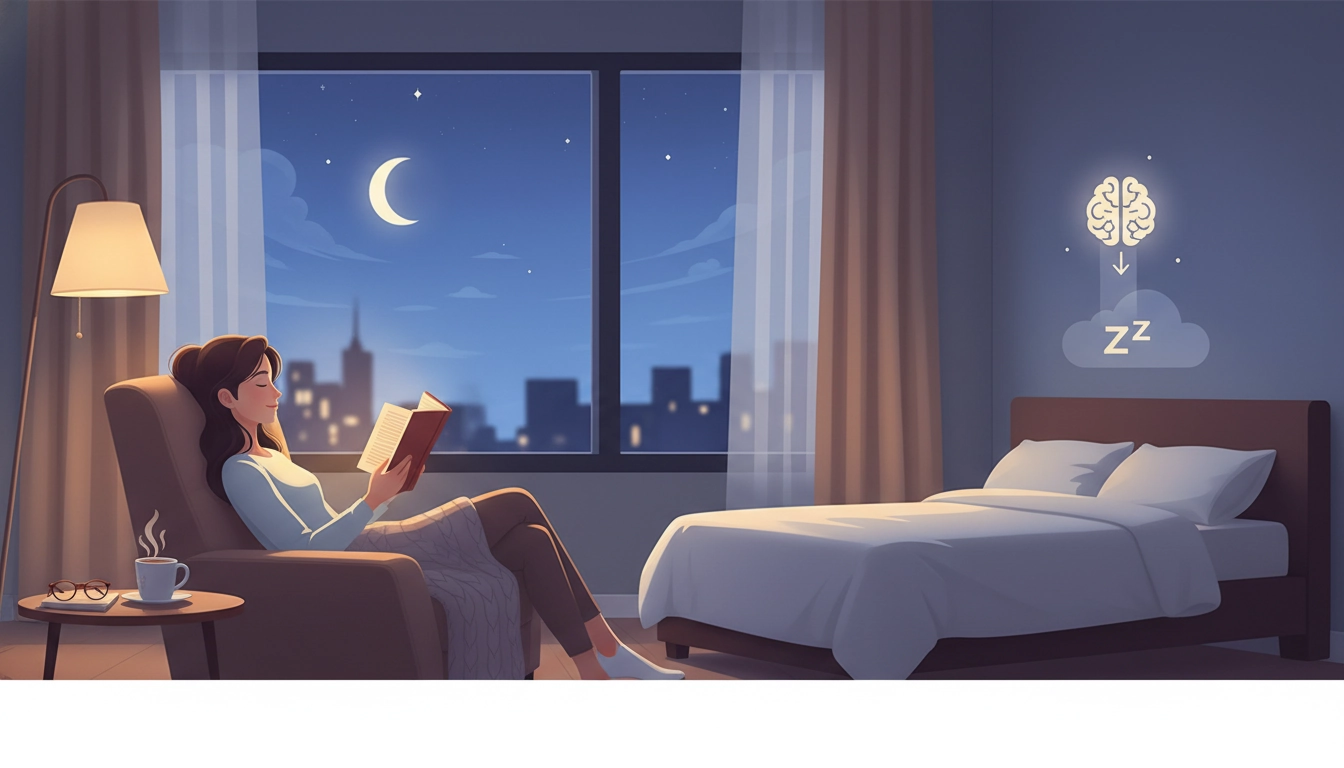 Femme lisant un livre dans son lit avec une lumière de chevet chaleureuse pour développer une habitude lecture soir apaisante