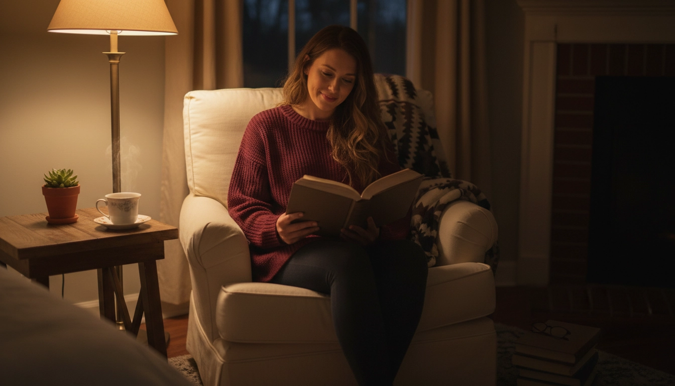 Femme lisant confortablement dans un fauteuil avec une lumière chaude, démontrant à quelle heure commencer sa lecture du soir pour bien dormir
