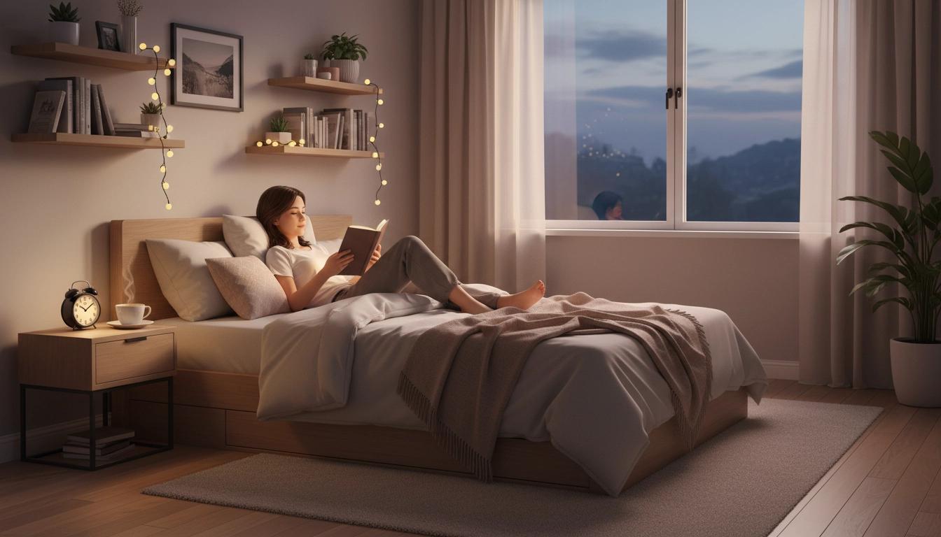 Une femme lit confortablement dans un fauteuil avec une lumière douce le soir pour à quelle heure commencer sa lecture du soir pour bien dormir