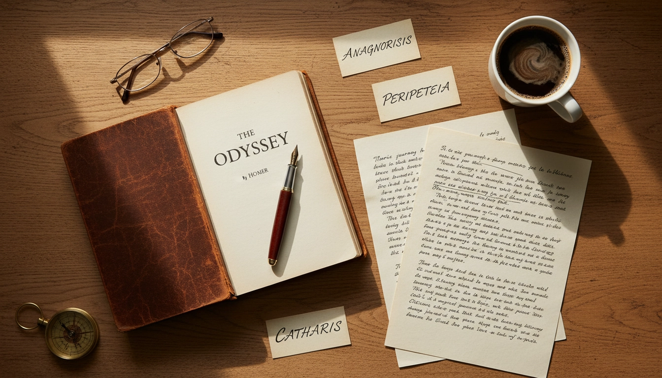 Bureau d'analyse littéraire avec roman ouvert et notes méthodologiques pour décoder les intentions d'un auteur