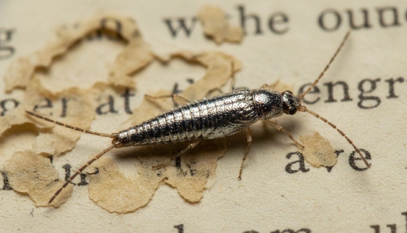 Gros plan détaillé montrant comment identifier les poissons d'argent dans une bibliothèque en observant leurs écailles argentées, leurs trois filaments caractéristiques et leur corps allongé