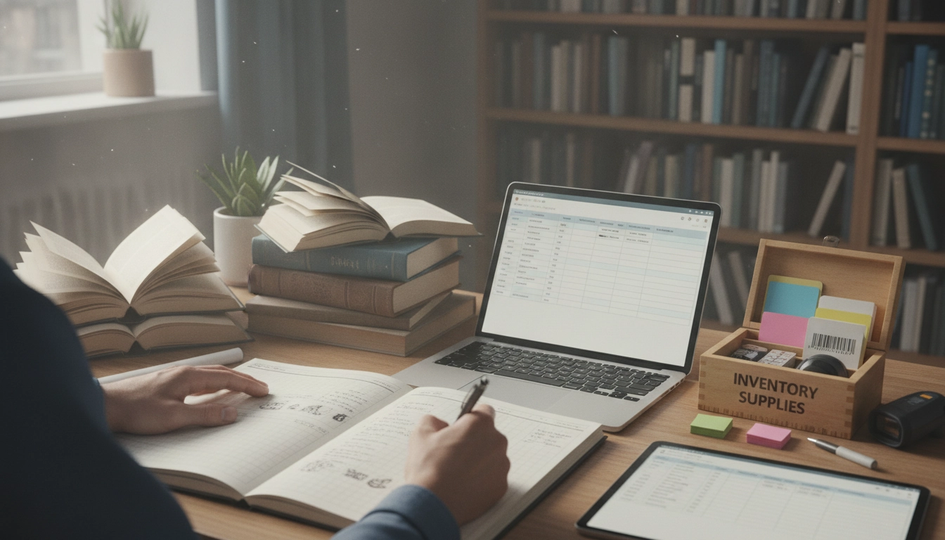 Un carnet de notes ouvert sur un bureau avec une pile de livres et une plume, illustrant les informations essentielles à noter dans un inventaire de livres.
