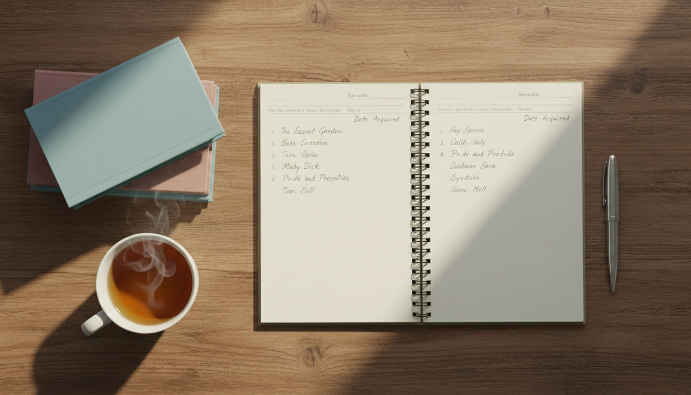 Carnet d'inventaire bibliothèque personnelle ouvert avec des fiches manuscrites sur un bureau en bois