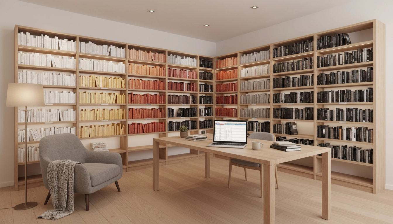 Bibliothèque personnelle organisée avec un tableur d'inventaire ouvert sur un ordinateur portable