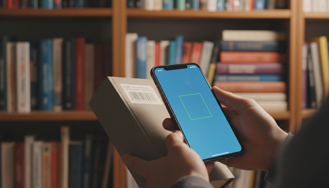 Personne scannant le code ISBN d'un livre avec un smartphone pour créer un inventaire bibliothèque personnelle numérique