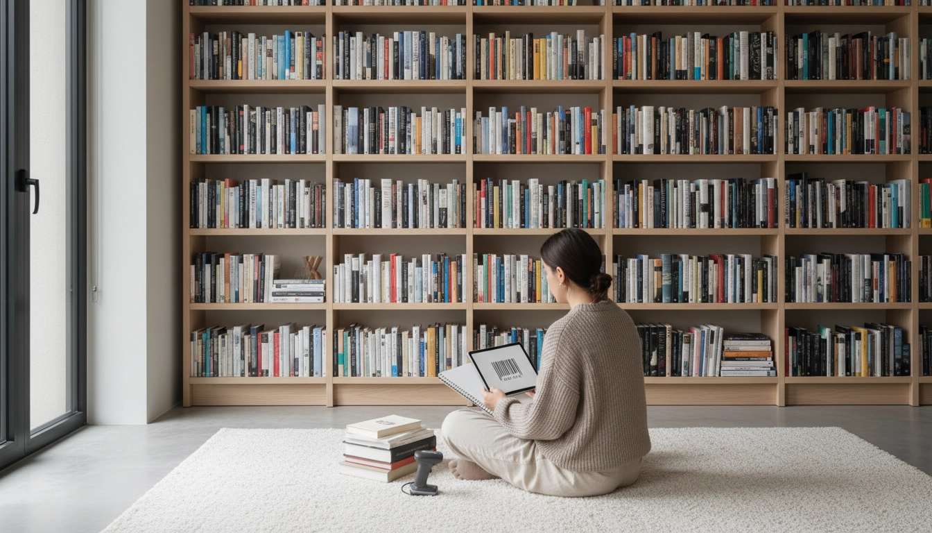 Vue d'ensemble d'une bibliothèque personnelle organisée avec un inventaire bibliothèque personnelle posé sur le bureau