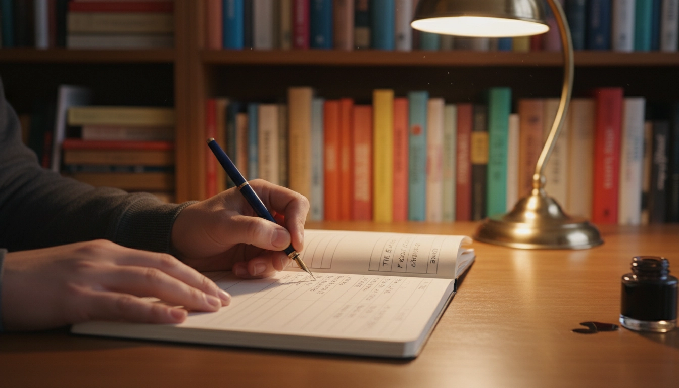 Comment créer un inventaire bibliothèque personnelle à la main : cahier ouvert avec notes manuscrites de titres et auteurs, entouré de livres sur étagères en bois