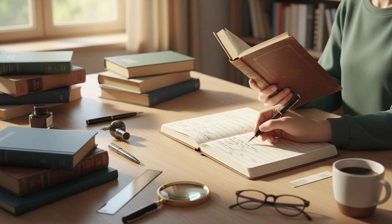 Personne créant un inventaire bibliothèque personnelle à la main avec un cahier et un stylo devant ses étagères de livres