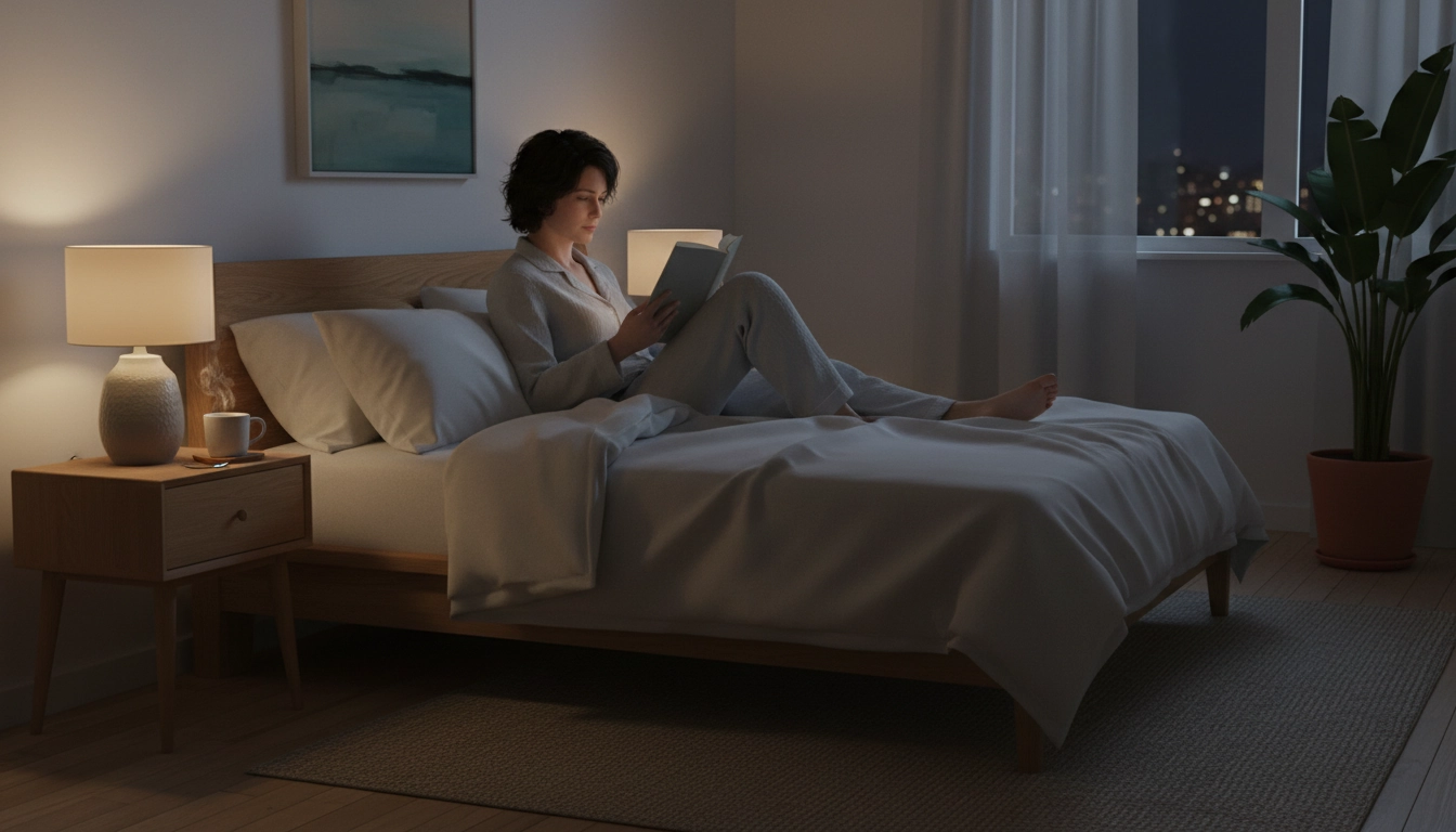 Personne lisant un livre avant de dormir dans une chambre apaisante pour pratiquer la lecture avant de dormir et réduire le stress