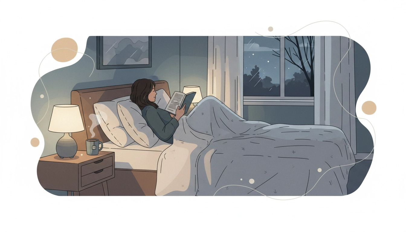 Femme lisant un livre le soir dans son lit pour la lecture avant de dormir et réduire le stress naturellement