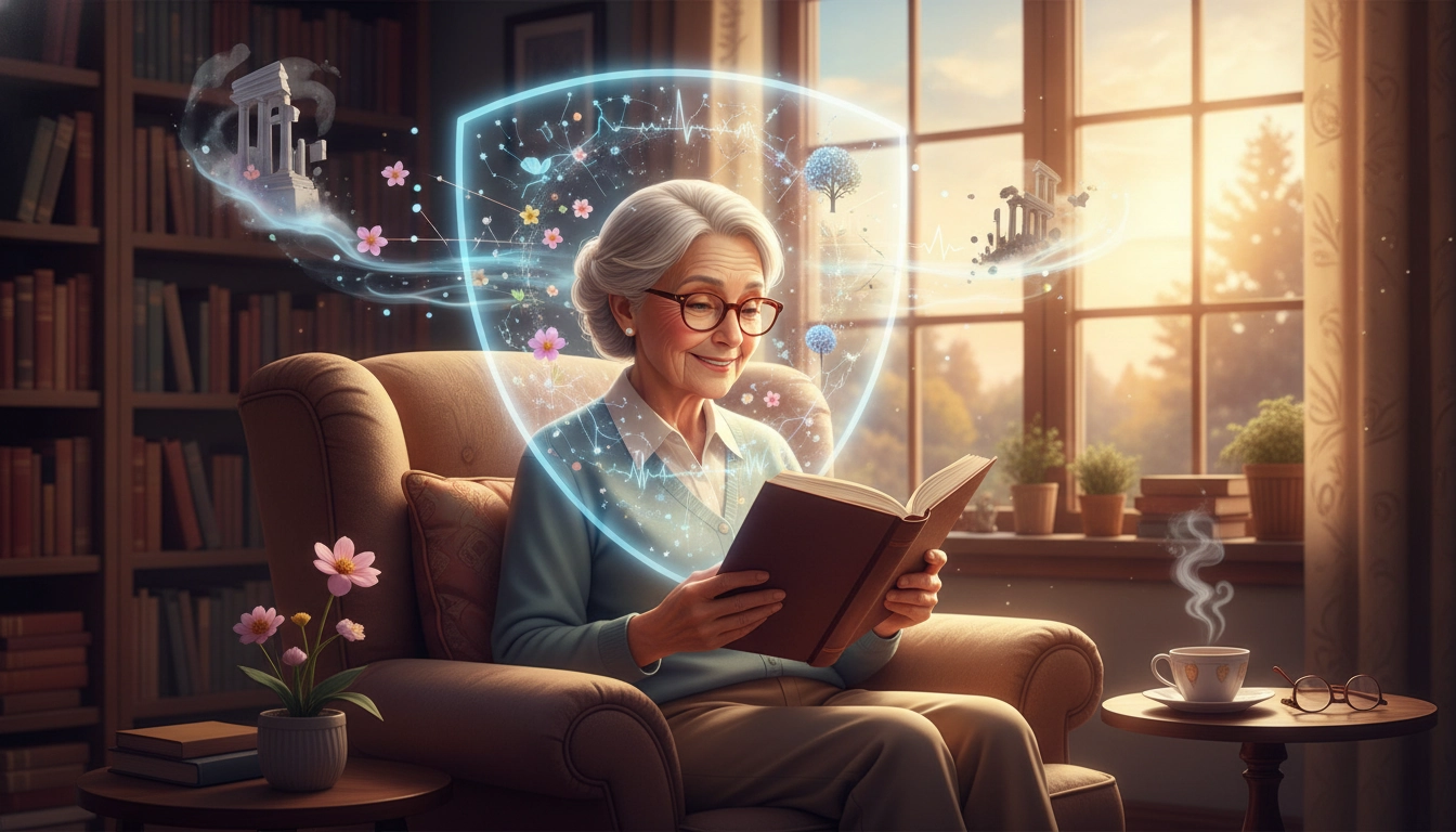 Une personne âgée lisant un livre dans un jardin, illustrant comment la lecture ralentit le déclin cognitif lié à l'âge.