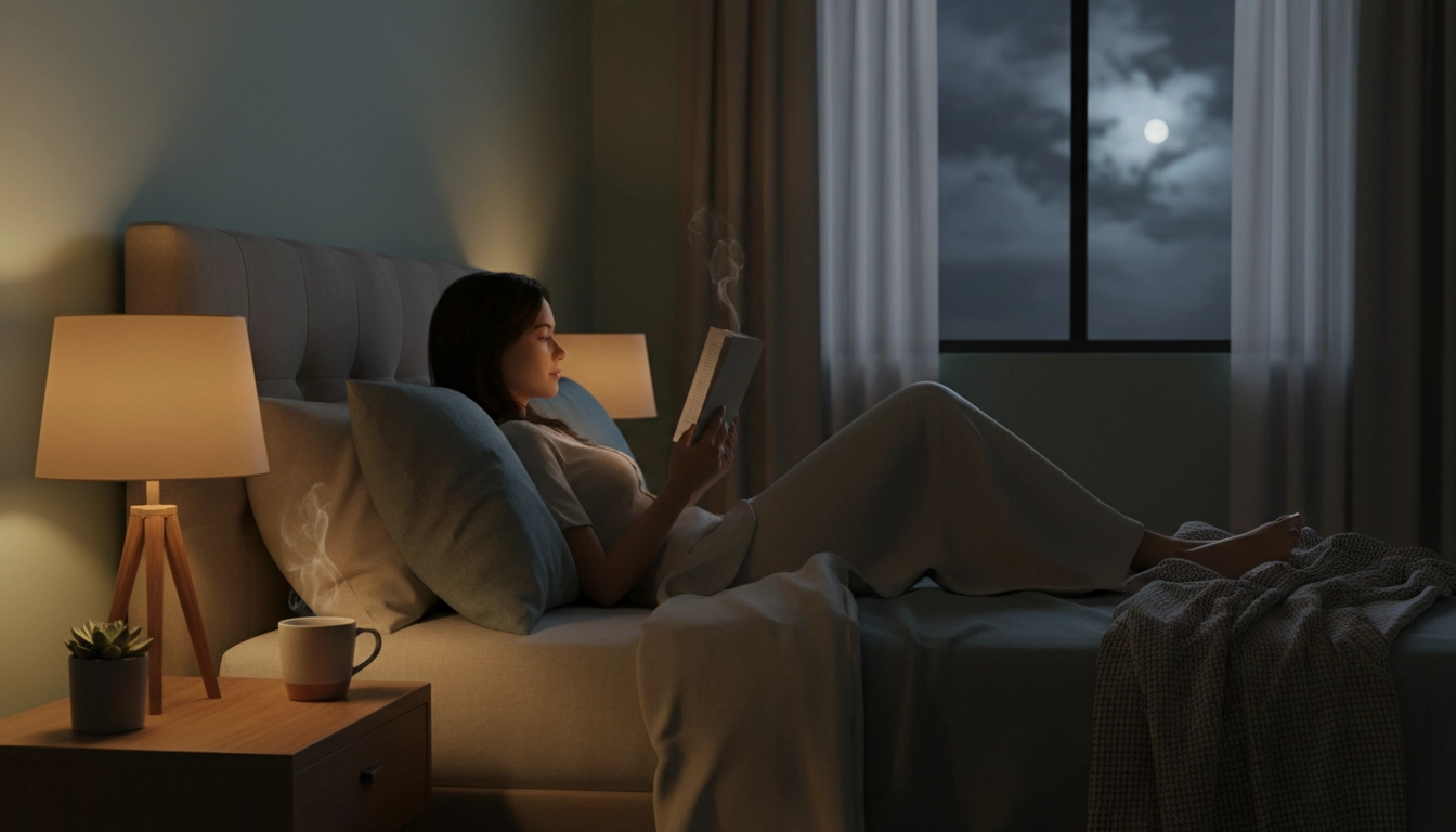 Femme lisant avant de dormir dans une chambre apaisante pour réduire l'anxiété nocturne