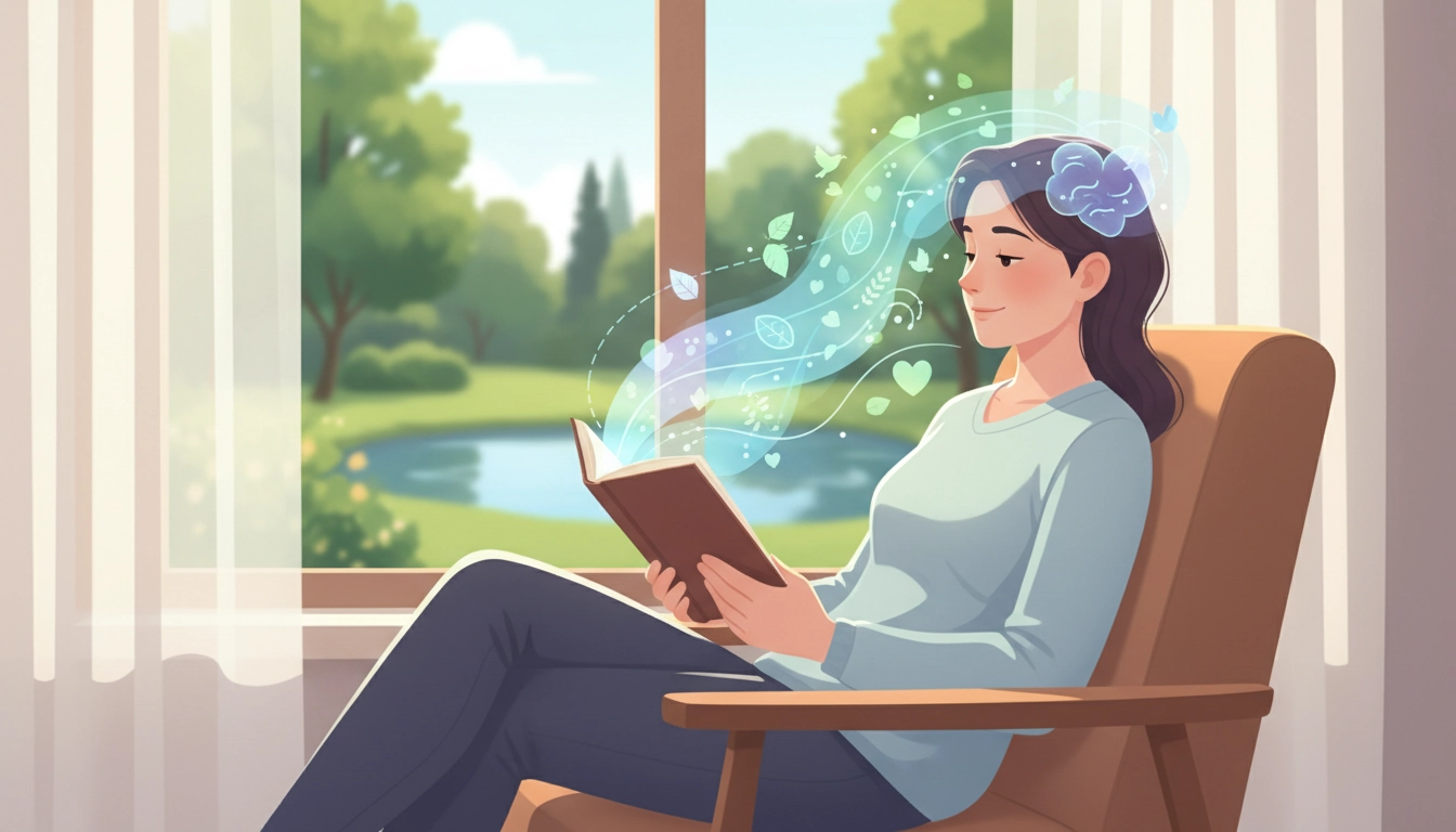 Personne lisant un livre dans un fauteuil confortable, illustrant le lien entre lecture et santé mentale