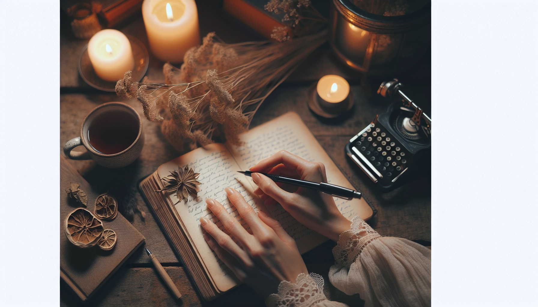 Mains tenant un livre ouvert avec un journal de lecture et une tasse de thé, symbolisant la pratique quotidienne de la bibliothérapie