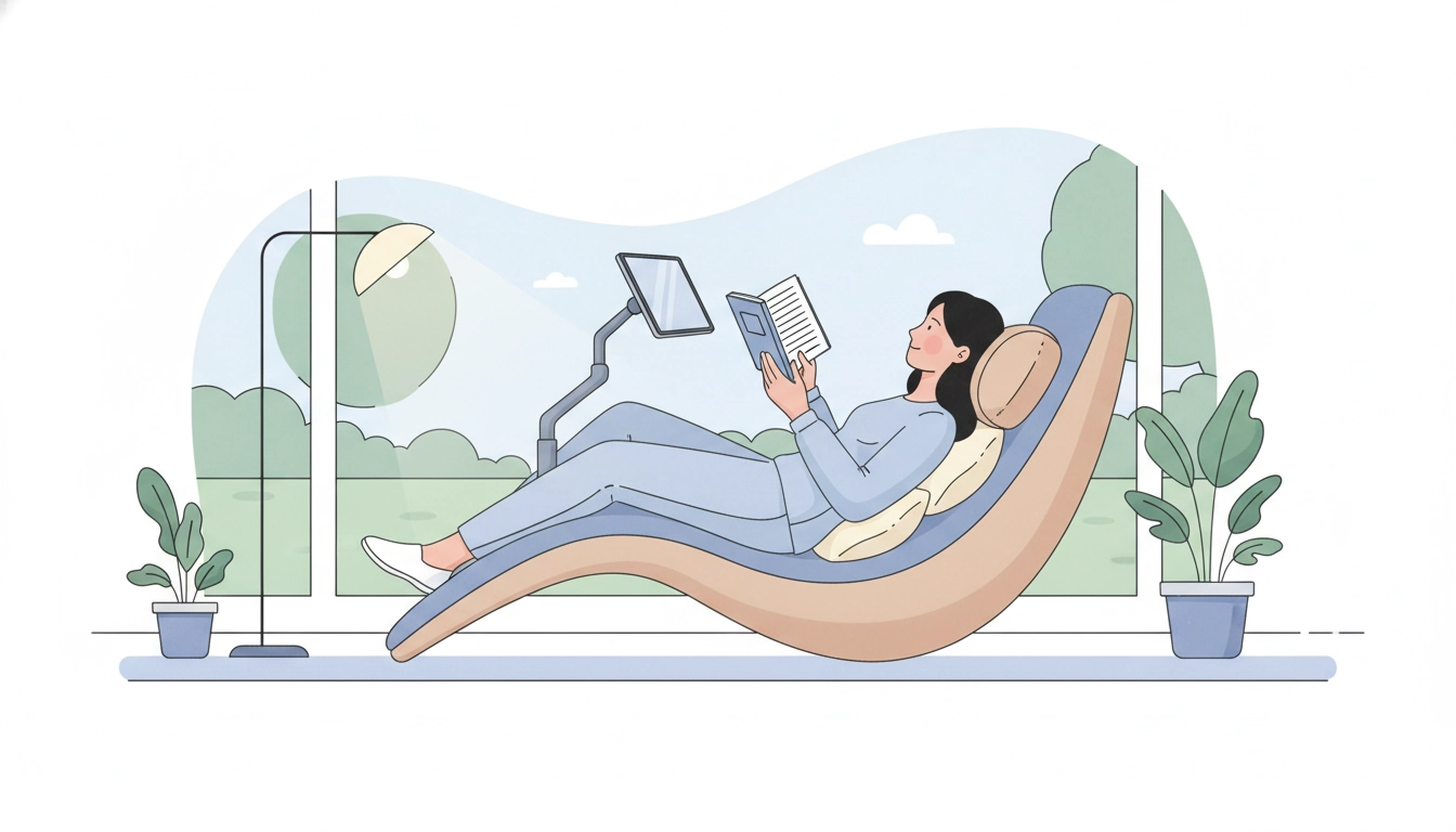 Une personne utilisant un coussin ergonomique pour lire allongé sans douleur au cou dans un environnement confortable.