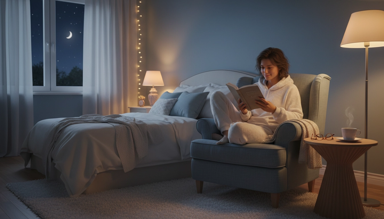 Personne lisant un livre papier dans une ambiance apaisante avant de dormir pour réduire l'anxiété