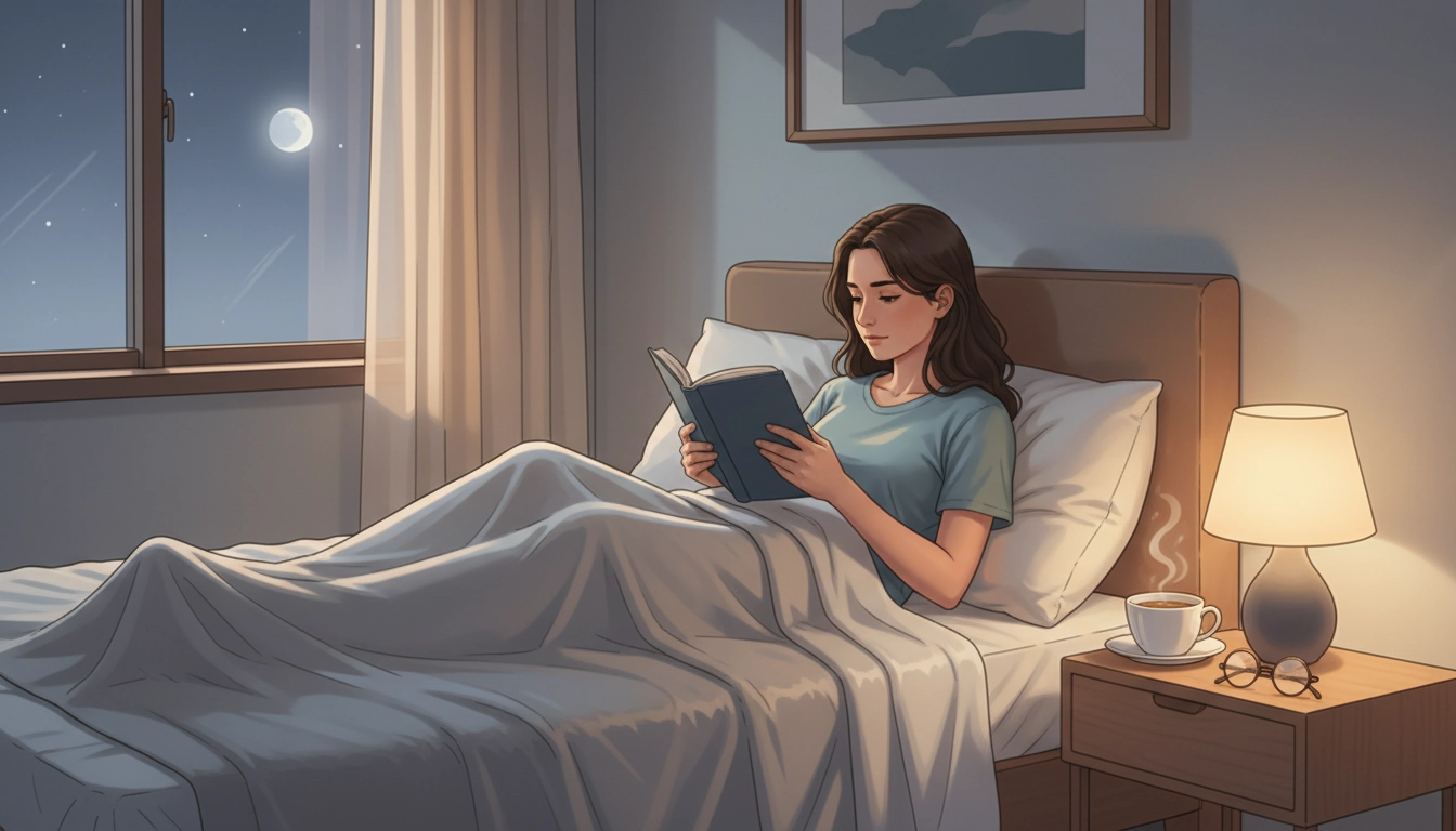 Une personne lit un livre papier au lit le soir pour réduire son anxiété avant de dormir