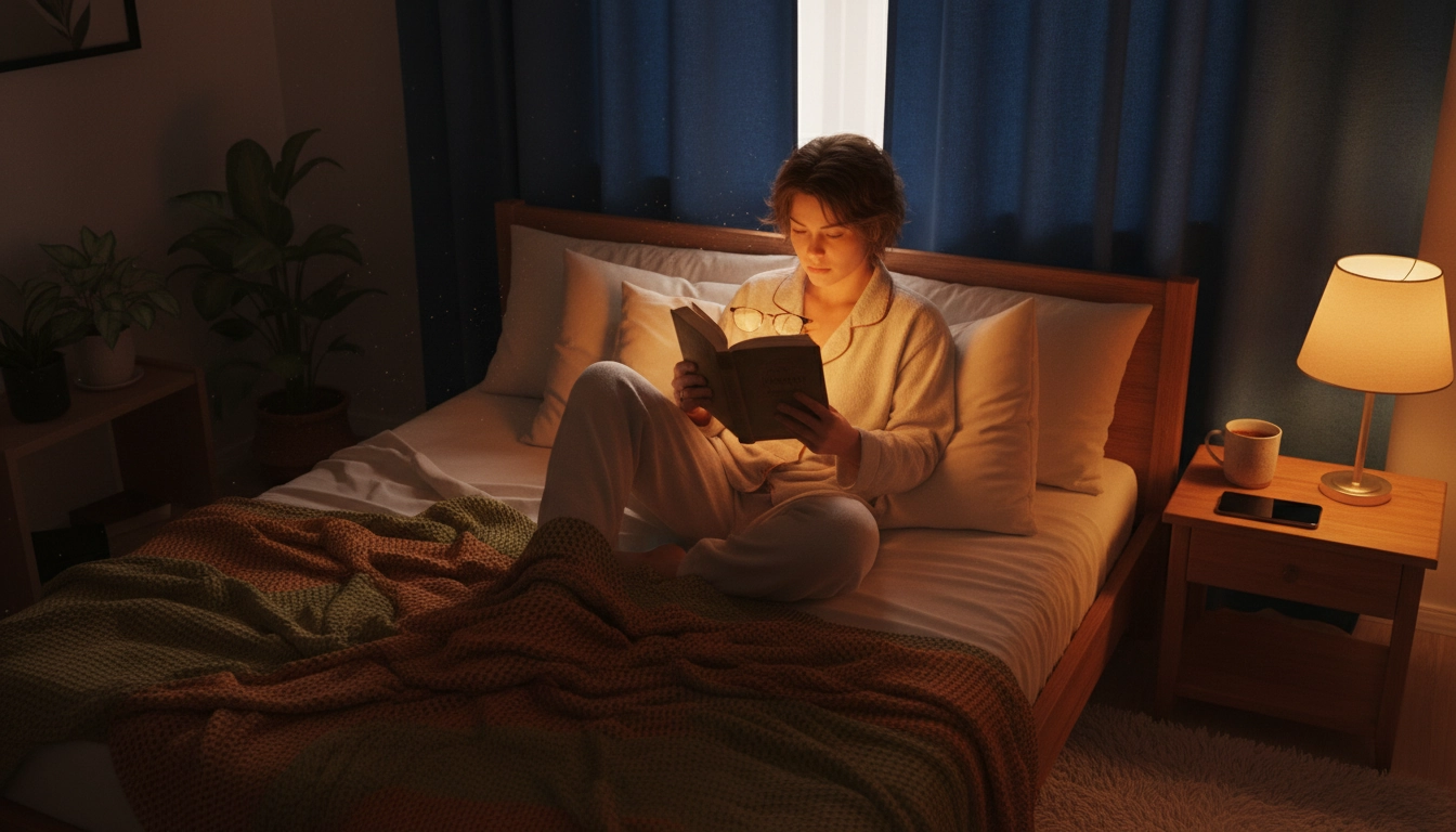 Personne lisant un livre papier avant de dormir plutôt que regarder un écran dans une ambiance chaleureuse et apaisante