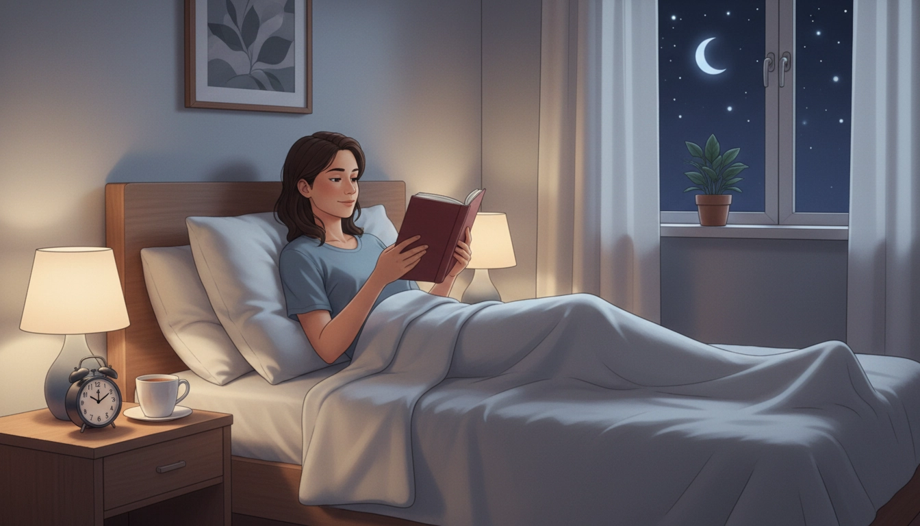 Une personne confortablement installée lit un livre papier avant de dormir, illustrant pourquoi lire un livre avant de dormir plutôt que regarder un écran améliore la qualité du sommeil