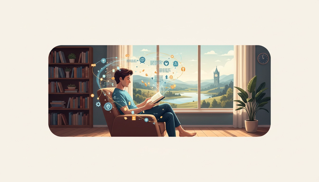 Personne lisant un livre ouvert dans un fauteuil confortable, illustrant comment lire chaque jour améliore la mémoire à long terme