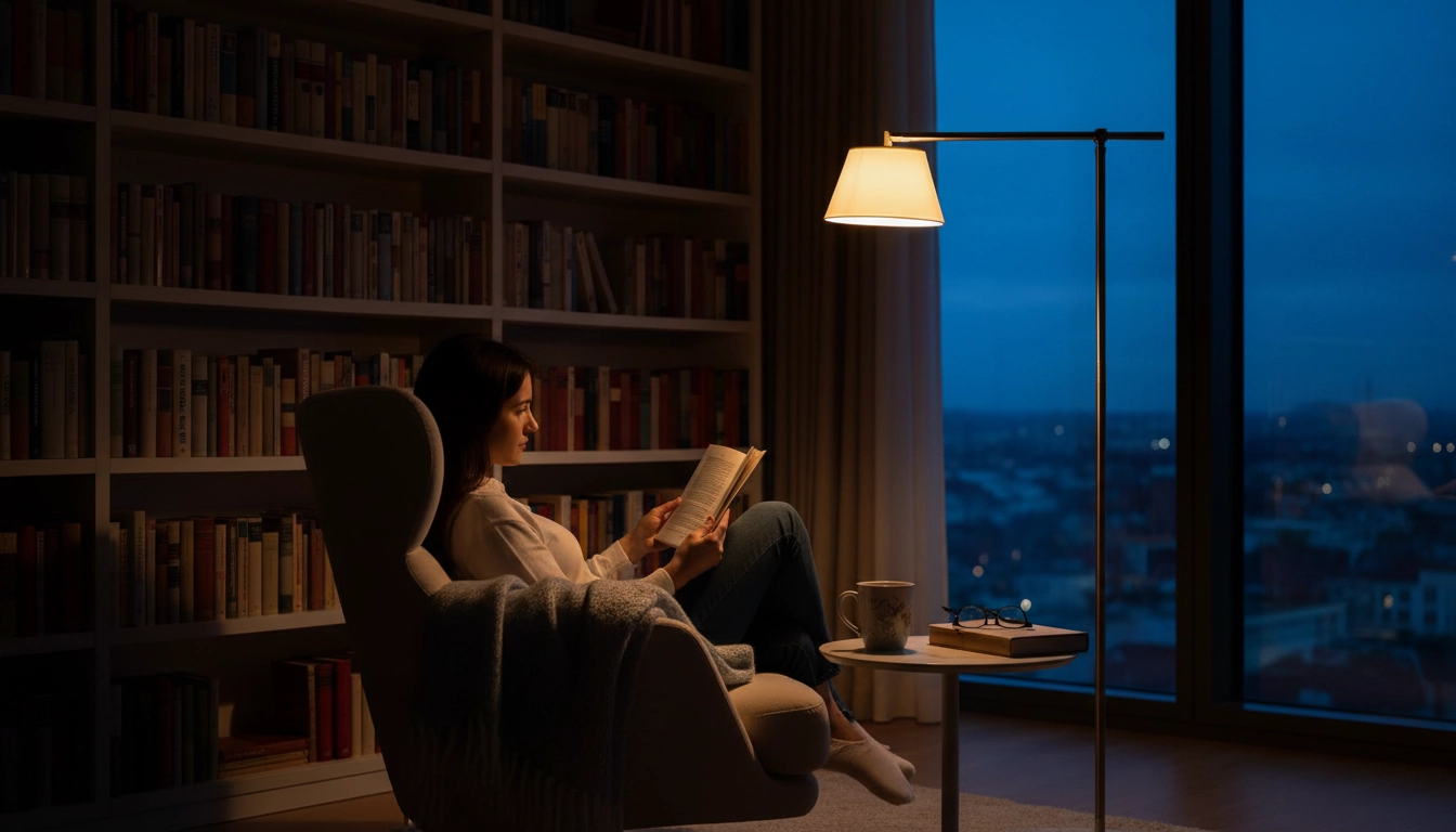 Un coin lecture chaleureux avec une lampe de bureau orientée pour lire le soir sans abîmer les yeux éclairage doux.