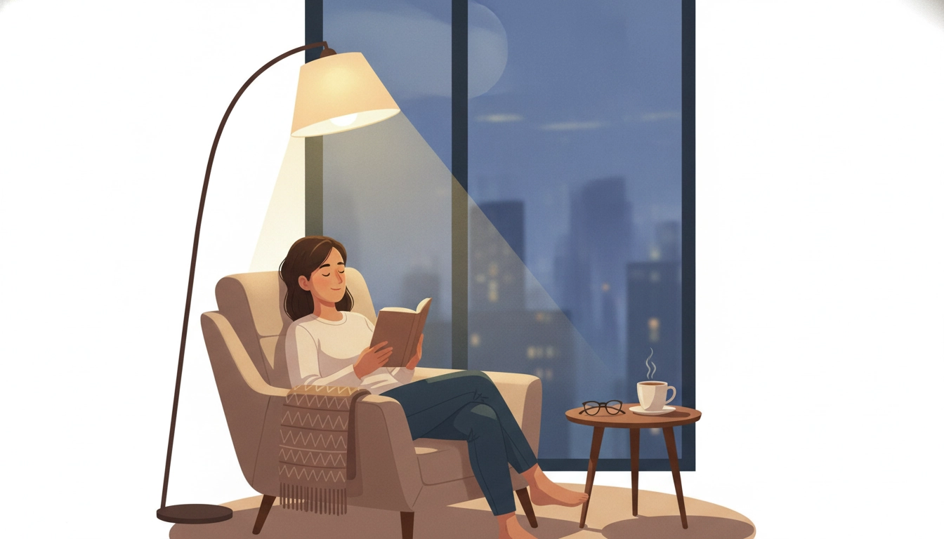 Une lampe de chevet diffusant une lumière idéale pour lire le soir sans fatiguer les yeux dans une chambre cosy.