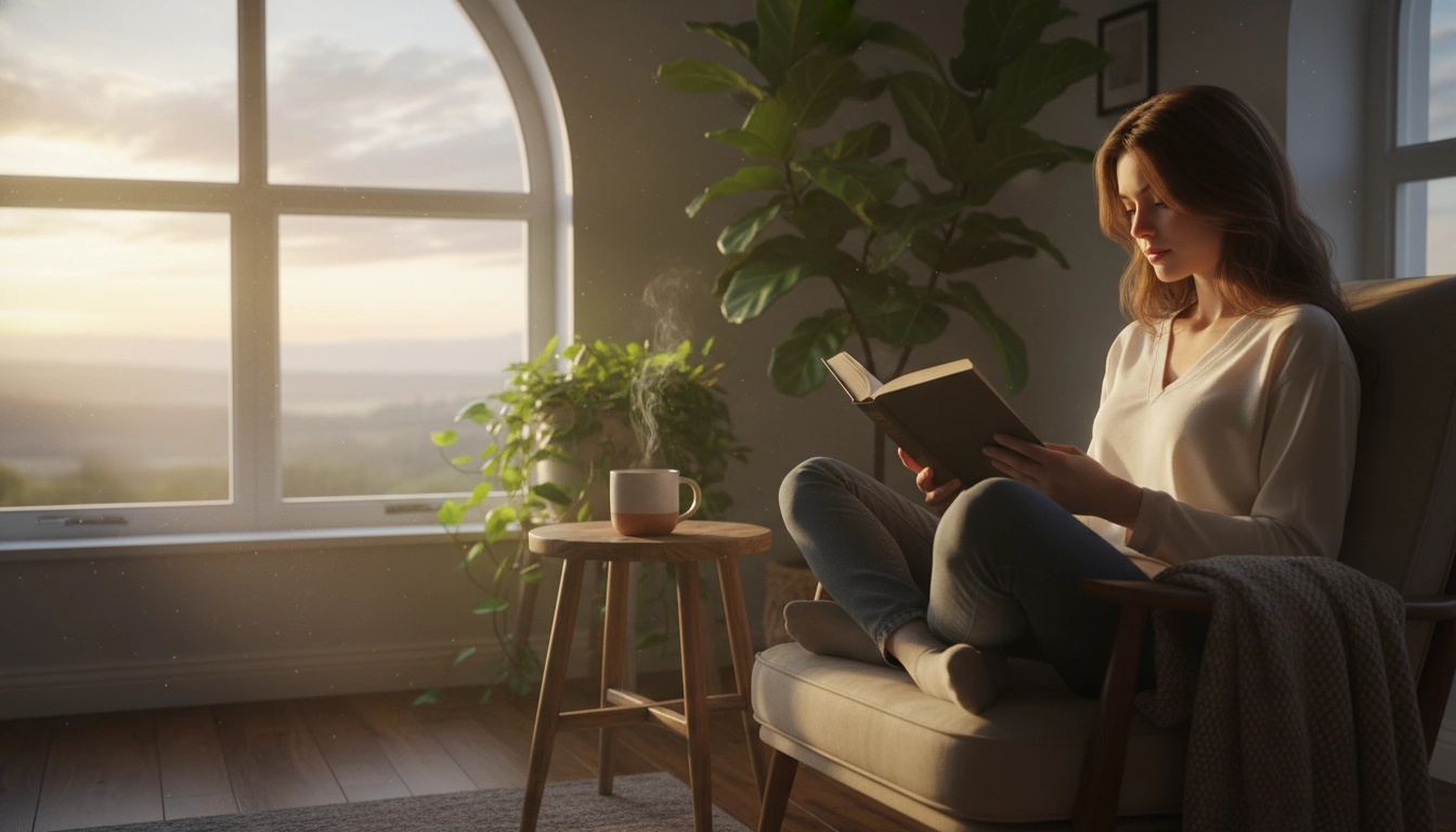 Une personne qui lit au meilleur moment de la journée pour lire, le matin à la lumière naturelle, dans un cadre calme et serein