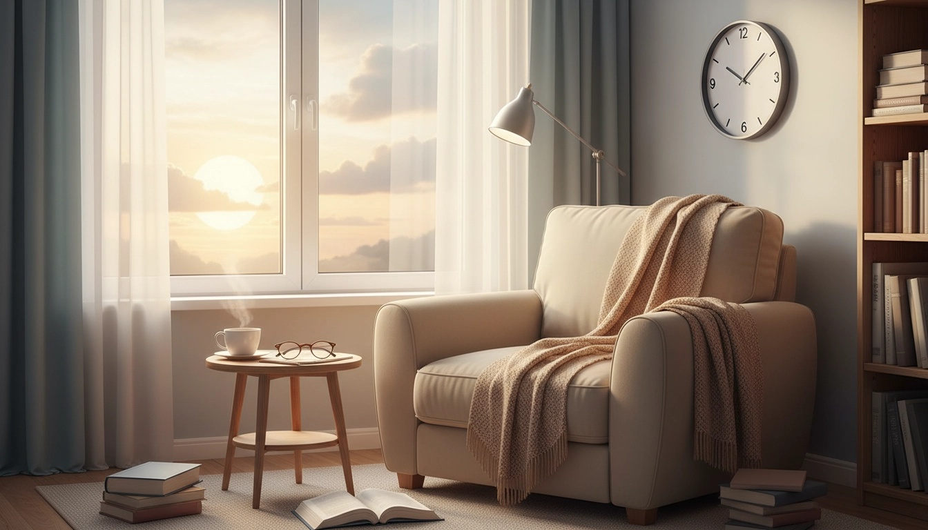Une femme lisant dans un fauteuil confortable au meilleur moment de la journée pour lire, en fin d'après-midi avec une lumière naturelle douce