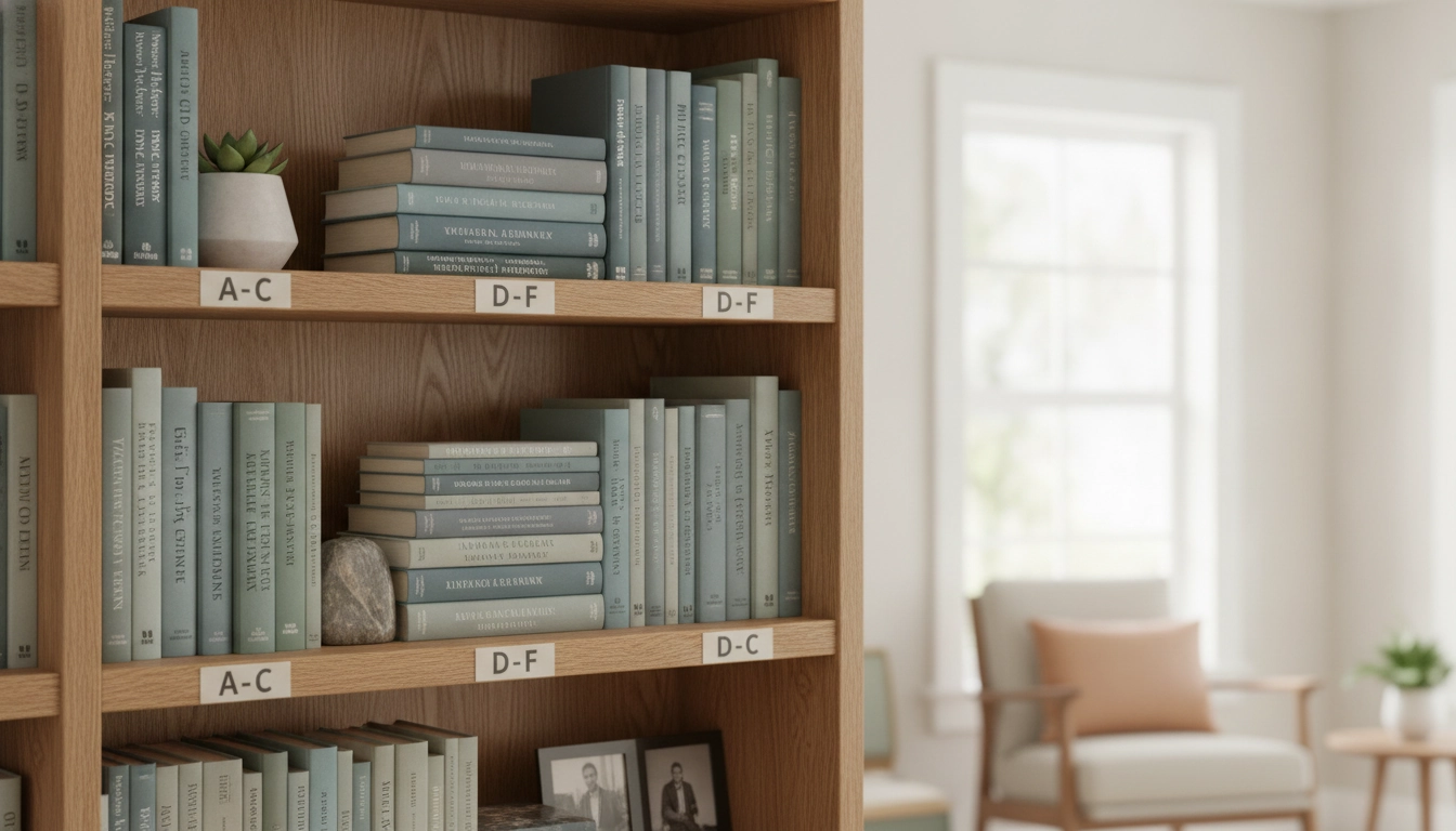 Détail d'une étagère rangée par auteur, élément clé de la meilleure méthode classement bibliothèque mixte genre auteur.