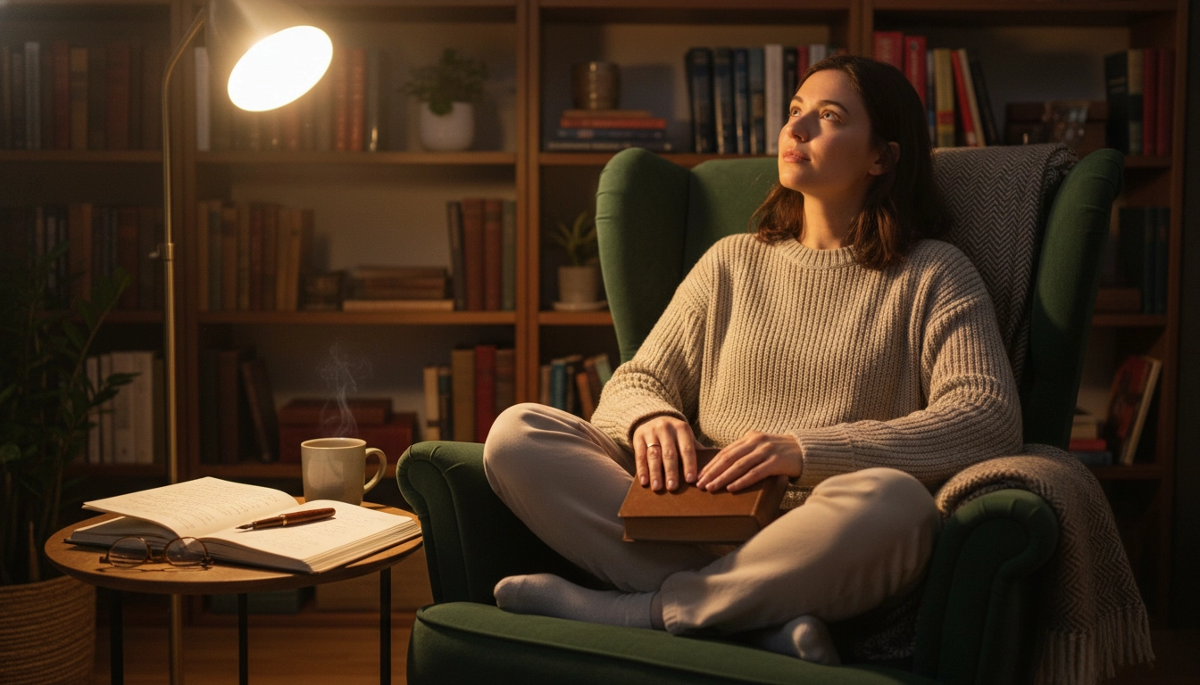 Lecteur en phase de révision post-lecture dans un espace confortable pour consolider sa mémorisation des lectures