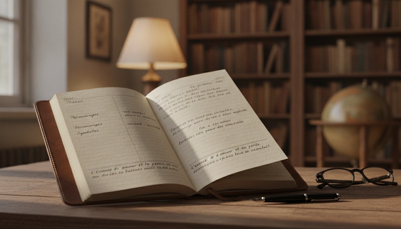 Exemple concret de la méthode cornell adaptée à la prise de notes de lecture littéraire sur un carnet.