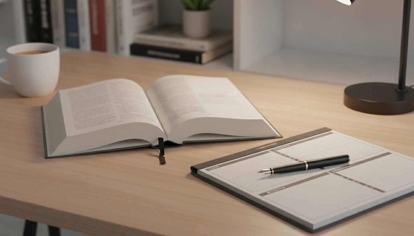 Bureau organisé pour la prise de notes littéraires efficace.