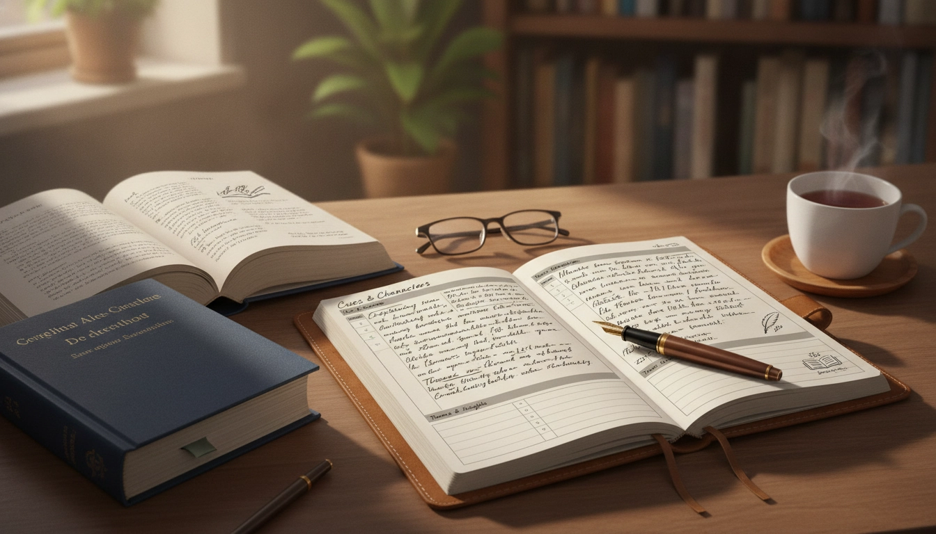Une personne utilisant la méthode cornell adaptée à la prise de notes de lecture littéraire sur un carnet élégant.