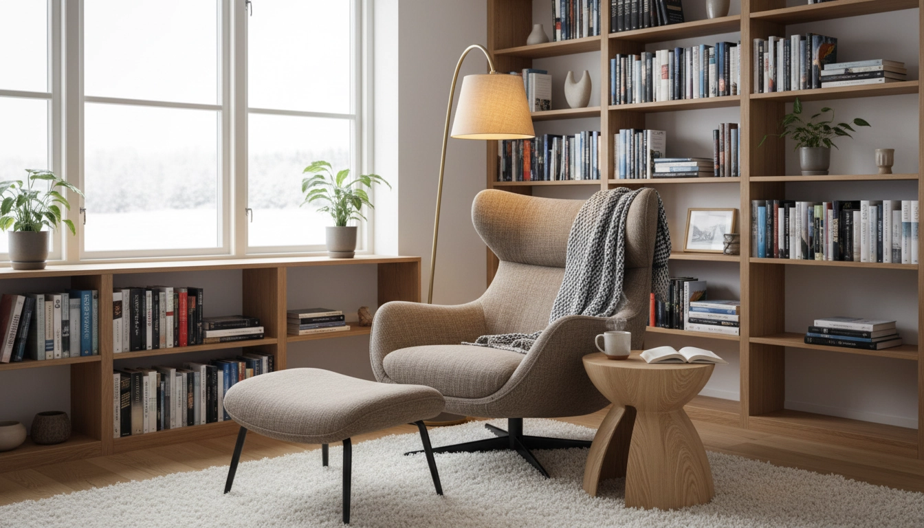 Coin lecture aménagé avec un mobilier de lecture confortable comprenant fauteuil ergonomique et repose-pieds en bois
