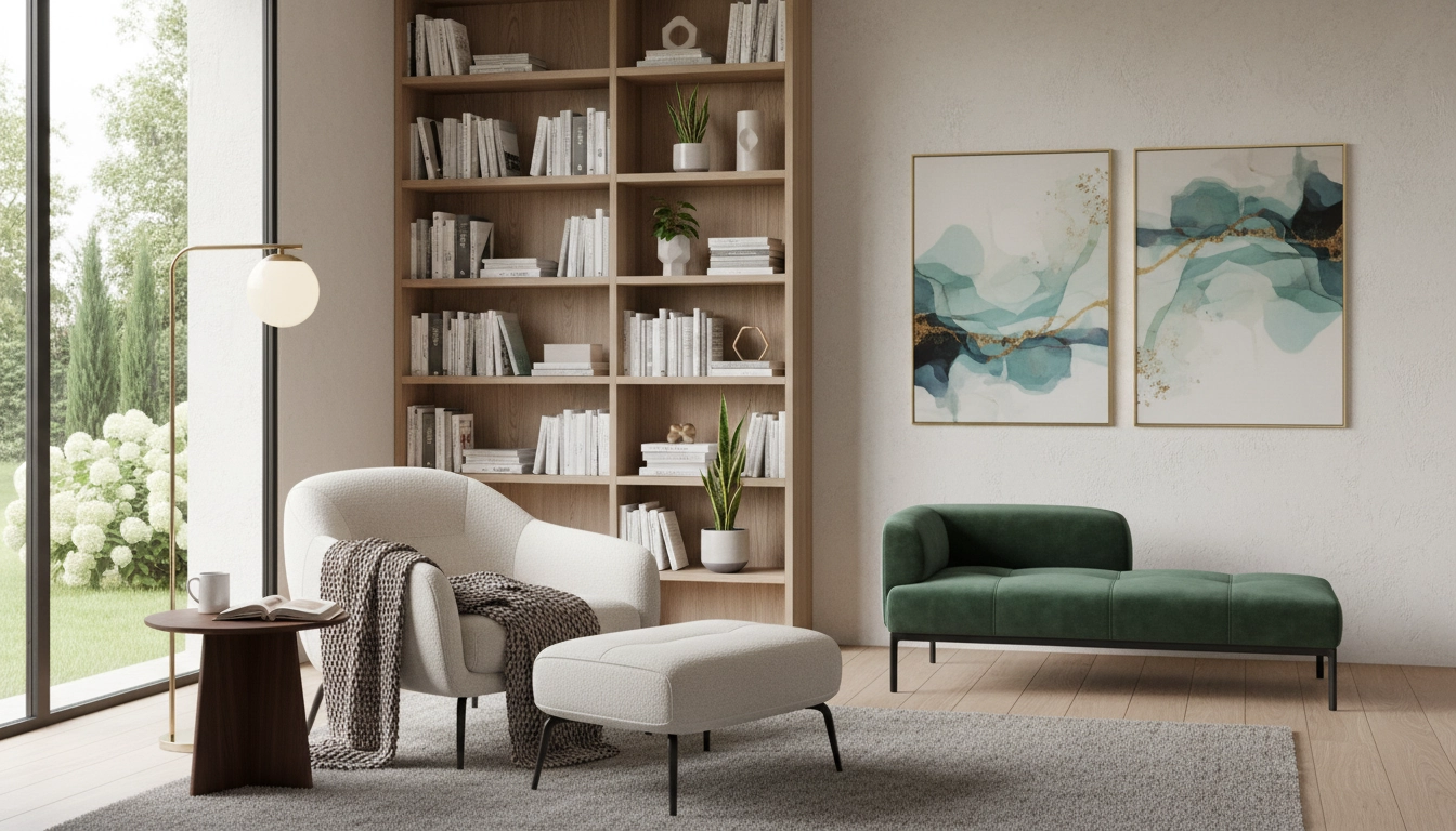 Fauteuil de lecture ergonomique installé dans un coin de salon lumineux, exemple de mobilier de lecture confortable