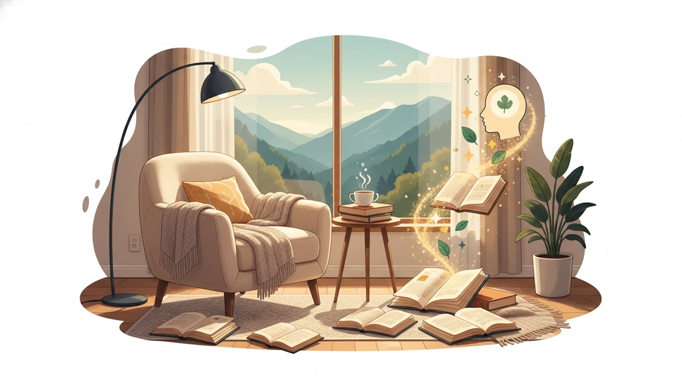 Femme lisant un livre dans un fauteuil confortable le soir, illustrant la motivation pour une lecture régulière et passionnée
