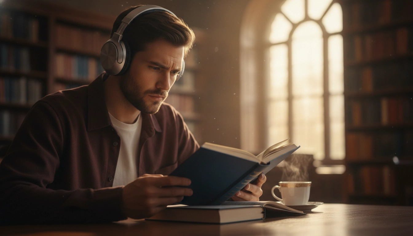Une personne utilisant un casque pour tester si la musique ou silence pour mieux se concentrer en lisant est plus efficace.