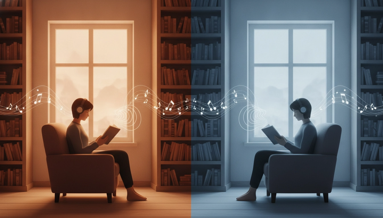 Un lecteur concentré dans un environnement calme, illustrant le choix entre musique ou silence pour mieux se concentrer en lisant.