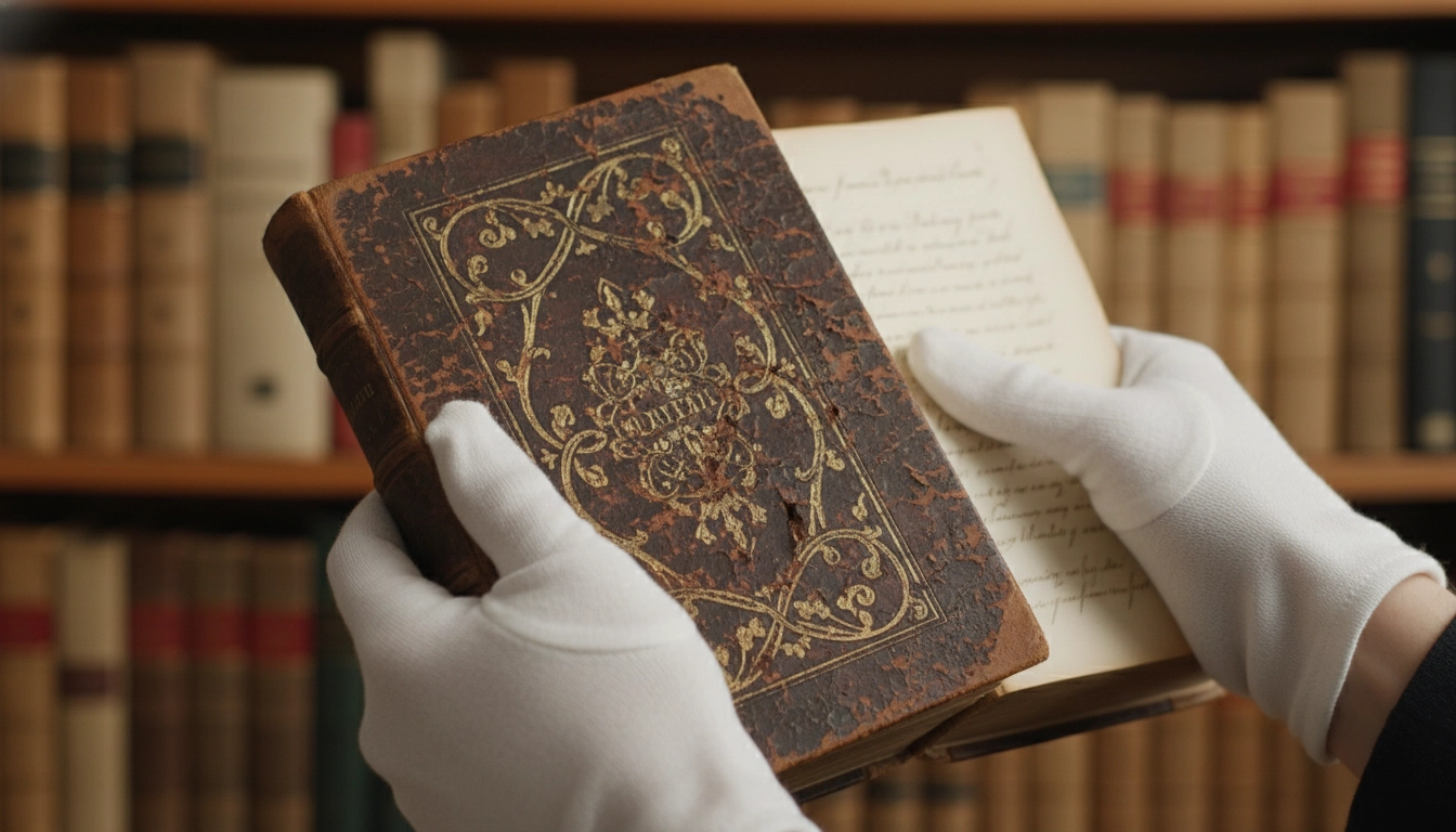 Manipulation soigneuse avec gants blancs pour le nettoyage livres anciens en cuir doré