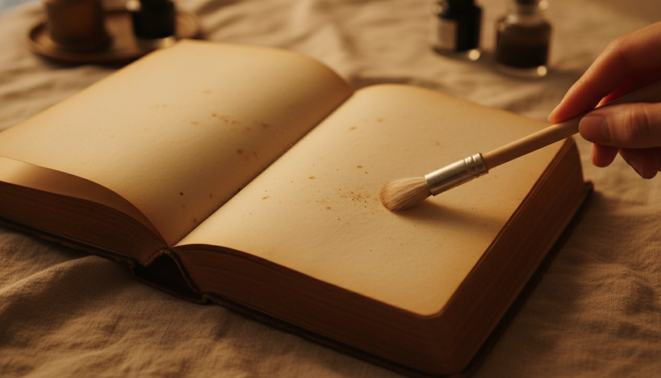 Nettoyage livres anciens : dépoussiérage délicat des pages jaunies avec pinceau à poils doux
