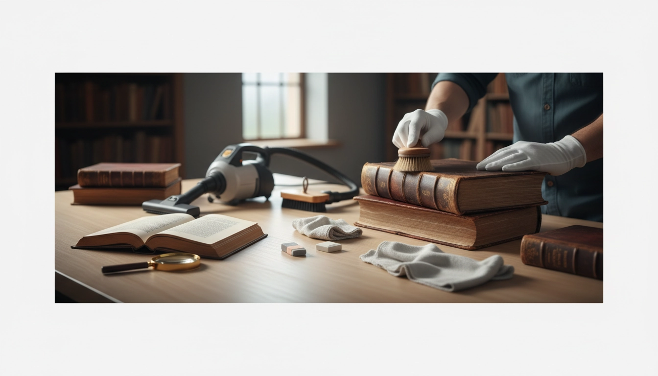 Nettoyage livres anciens avec pinceau doux sur une couverture en cuir abîmée