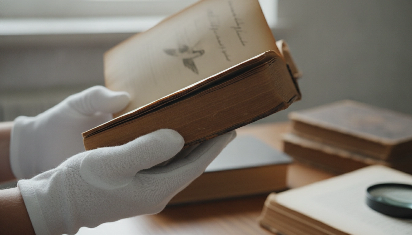 Utilisation de gants en coton pour nettoyer pages fragiles livre ancien sans les déchirer lors d'une manipulation délicate.