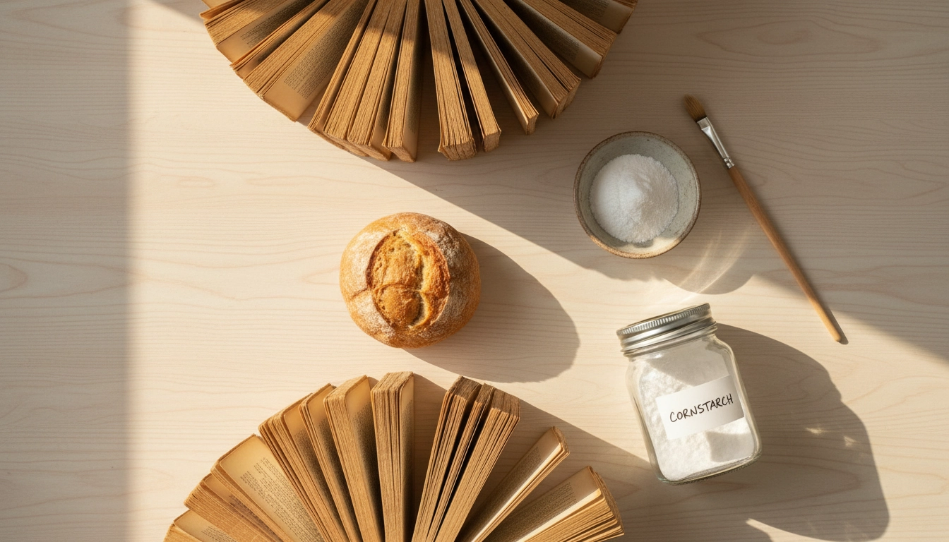 Produits naturels posés sur une table pour nettoyer la tranche jaunie d'un livre avec des produits naturels : bicarbonate, pinceau doux et fécule