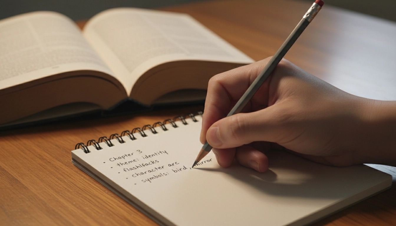 Main écrivant des notes dans un carnet pendant une session de lecture active pour mémoriser les idées clés