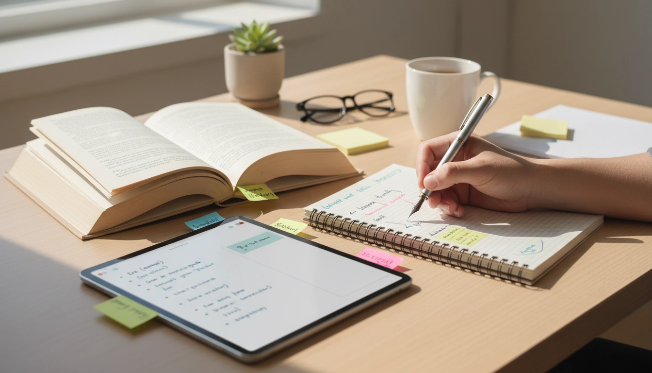 Lecteur prenant des notes efficaces dans un carnet ouvert posé à côté d'un livre, méthode de mémorisation par l'annotation
