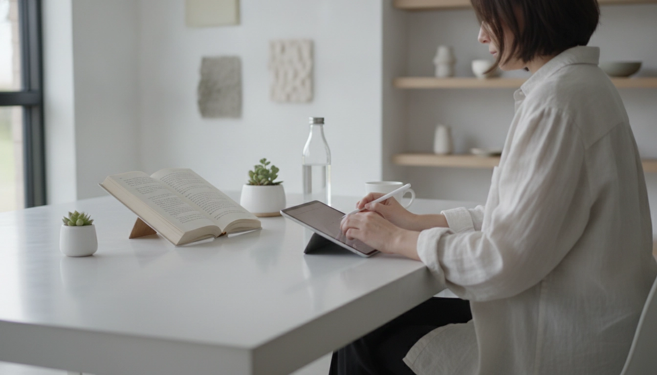 Une personne optimisant sa lecture avec une tablette et un livre.