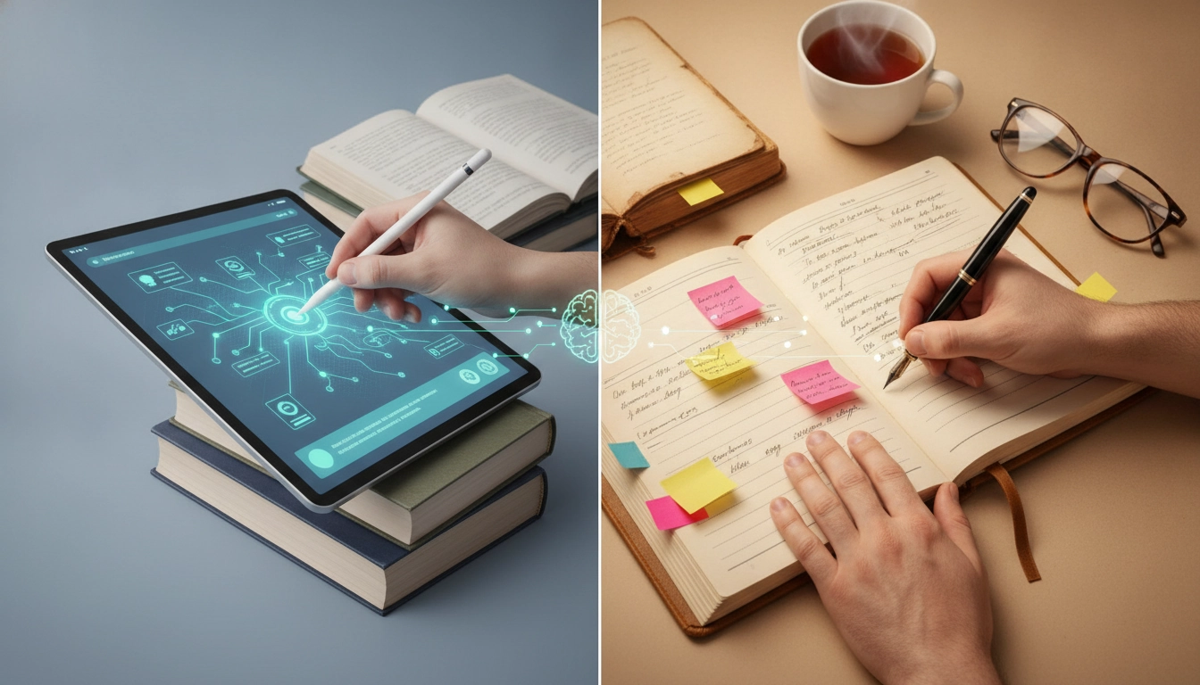 Une comparaison visuelle entre un carnet de notes et une tablette pour la prise de notes numériques vs manuscrites pour la lecture.